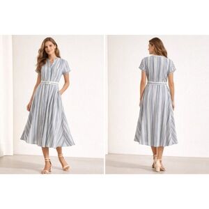 Theory Avinka Vall Stripe Cotton Silk Midi Dress Blue White Size 6 H0304611